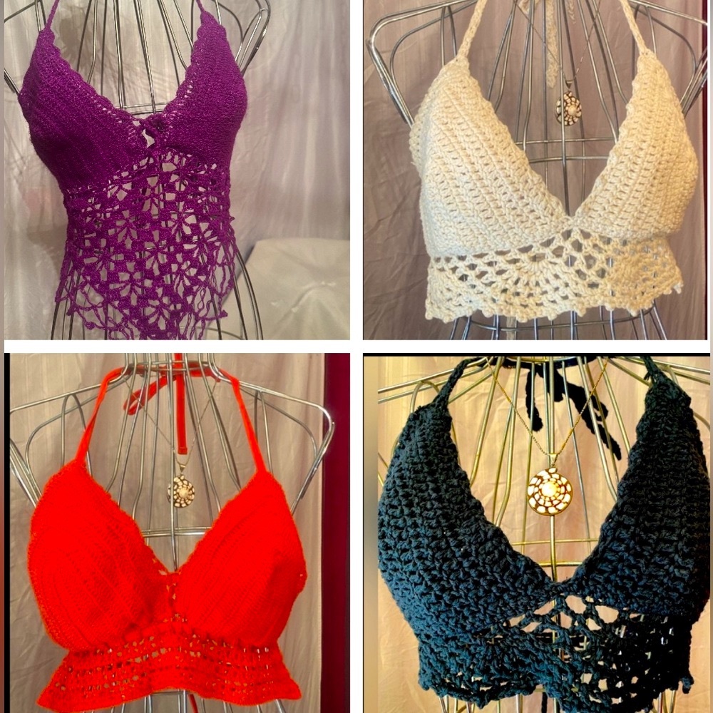 FOUR Hand Crocheted Bikini Tops, Black, Red, Burgundy  and Cream. Adjustable.